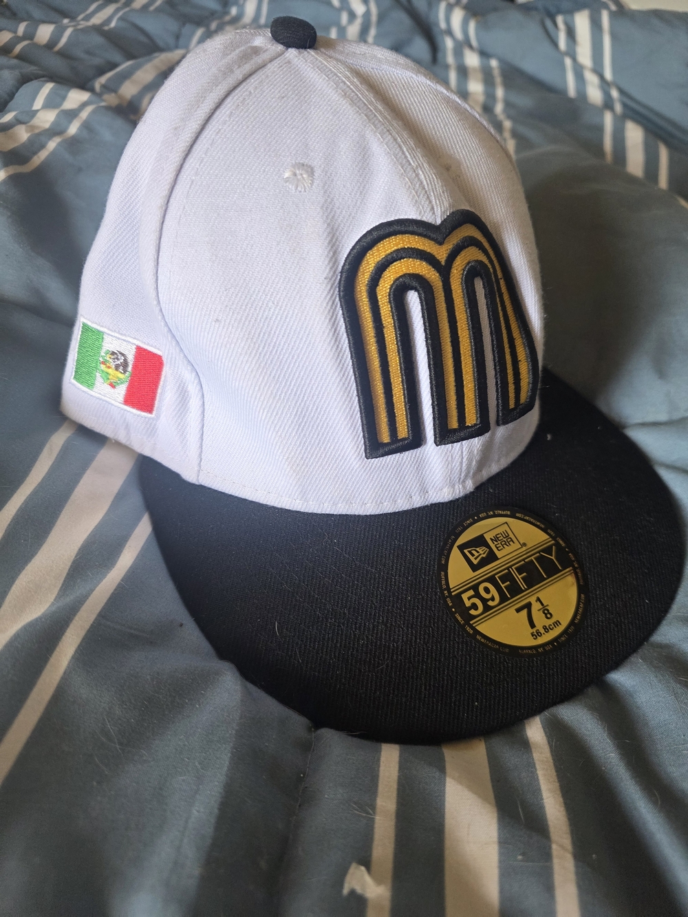 New Era White and Black Cap with Gold Embroidered 'M' and Mexico Flag